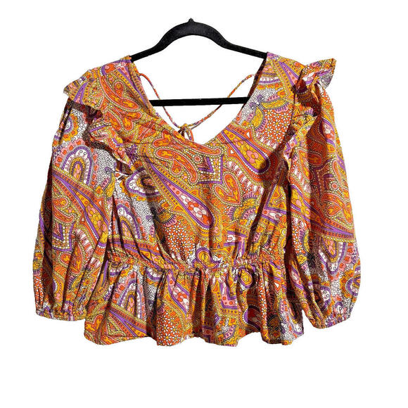 Psychedelic Paisley Puff Sleeve Crop Top Boho Colorful Ruffles Hippie Cotton M - Picture 1 of 6